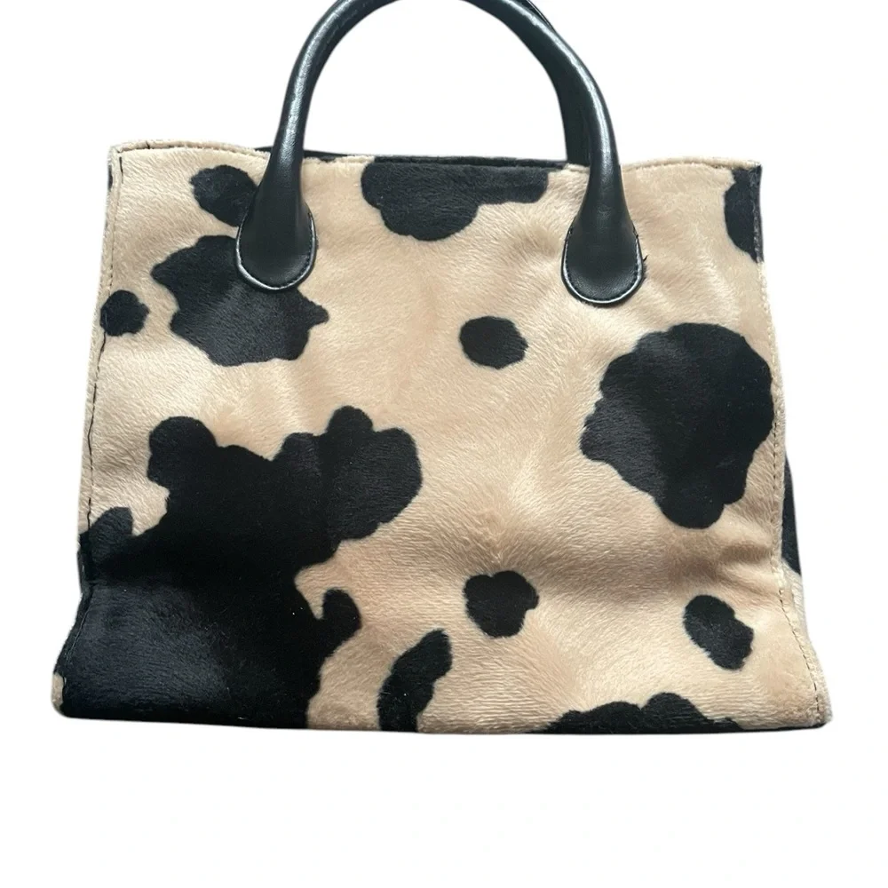 EUC Faux Fur Cow Animal Print Black and Tan Shoulder Tote Bag - Picture 4 of 8